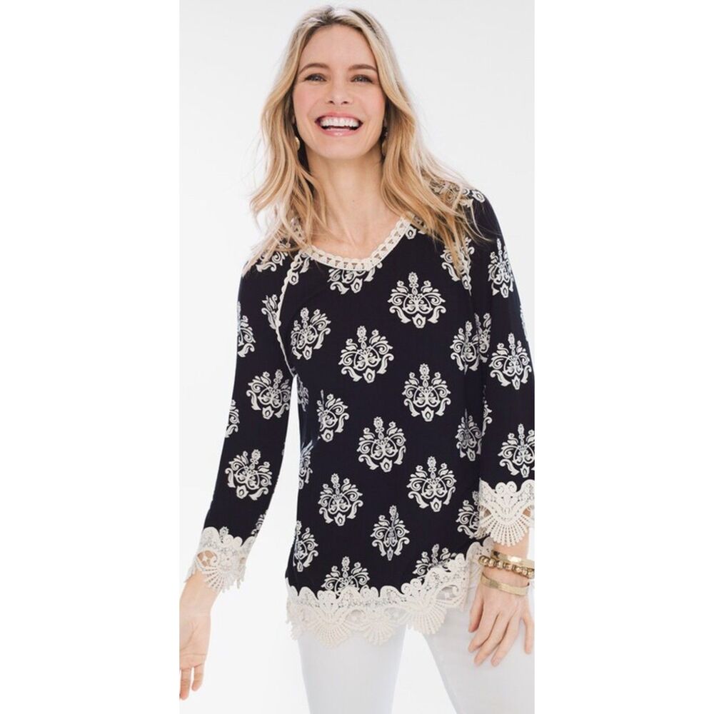 Chico's Petite Medallion Lace-Trim 3/4 Sleeve Top Size 2/LG